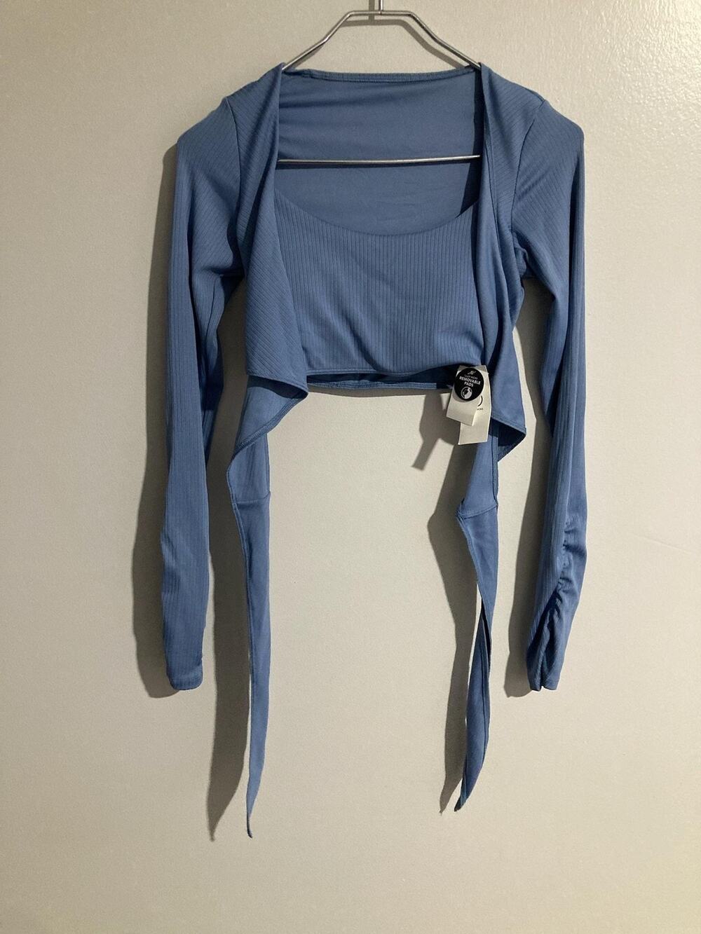 Gilly Hicks Shirt Womens XS Blue Cropped Padded Long Sleeve Scoop Neck Tie Front